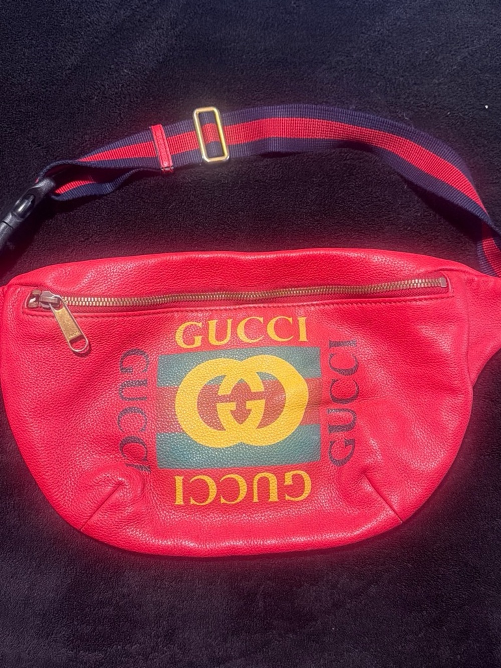 Gucci Red Leather Logo Belt Bag with Striped Strap